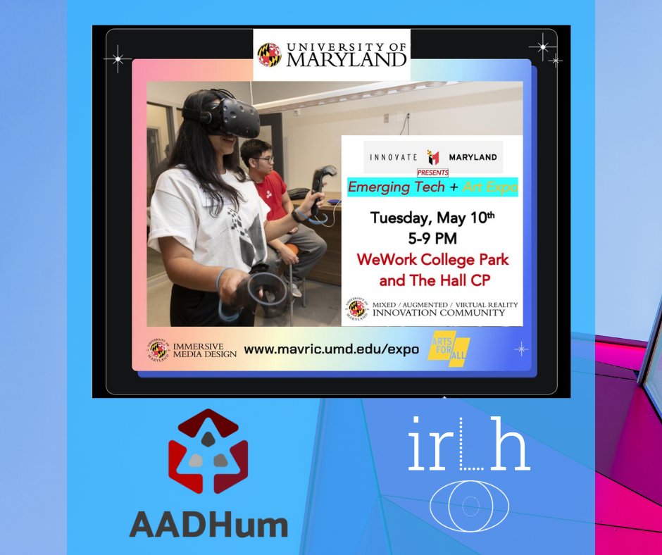 We're at The Hall CP with <a href="/irLhumanities/">irLh</a> for the <a href="/UMDMAVRIC/">MAVRIC@Maryland</a> Emerging Tech + Art Expo *right now* ⇢ come by the table, say hi to <a href="/amplify285/">Marisa Parham</a> + <a href="/awwsmith_/">Andrew W. Smith</a> + @jeffreymoro, &amp; check out our latest AR/VR work!