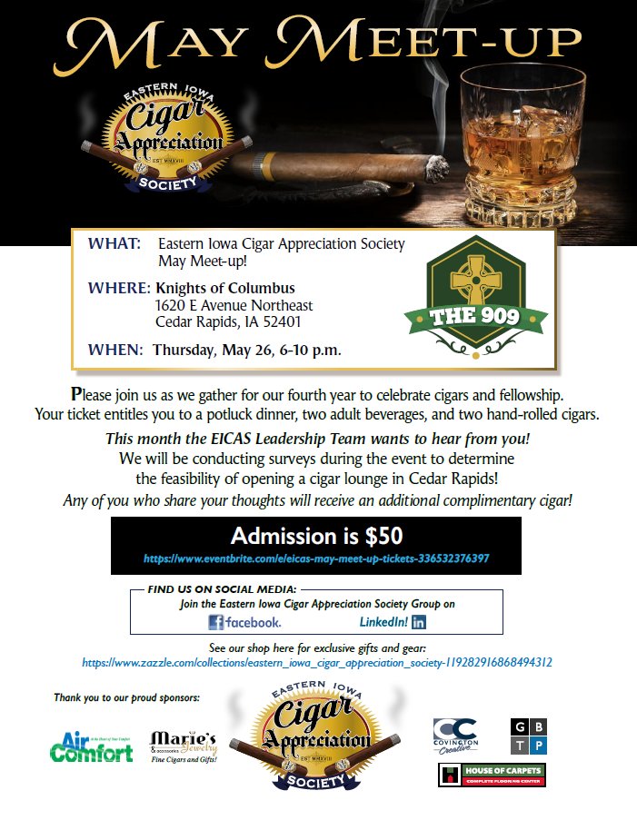 CigarCr's tweet photo. 5-26-22, we're celebrating 4 years of fabulous meetups! And now, we want to know if you're in for a Cigar Bar in CR! Get your tickets here:
https://t.co/509mPkExE5 https://t.co/KIkMU4pcWL