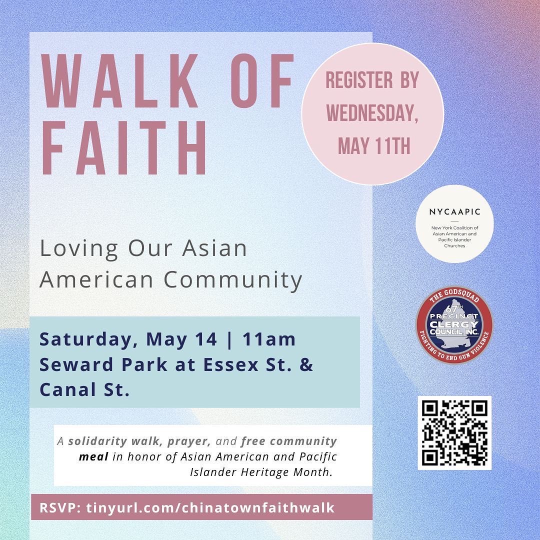 janesamikim's tweet photo. This #AAPIHeritageMonth, join a solidarity walk for peace &amp; unity in #Chinatown to support our #AAPI community. 
The May 14 Walk of Faith with @67clergycouncil &amp; @NYCAAPIC will hold space for reflection &amp; prayer + a free community meal. 
Information at https://t.co/lZkv0JuIhw https://t.co/2ZpEvtGbiG