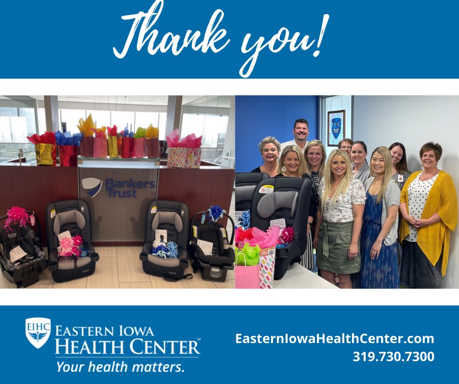 Bankers Trust generously donated two infant car seats, two toddler car seats and 10 children’s activity bags to EIHC!  Thank you, Bankers Trust, for investing in your community! Teamwork makes the dream work!