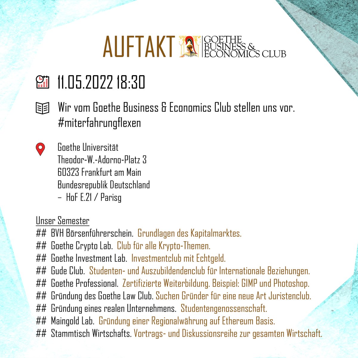 Gude zusammen. Es geht endlich loooos beim Goethe Business &amp; Economics Club. Wenn du anpacken willst, dann bist du bei uns richtig 😮!
#auftaktss2022 #goetheclub #goethebusinessandeconomics #goetheuniversity #goetheuniversität #goetheuni #frankfurtammain #goethegruppe