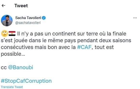 AlAhlyScHistory's tweet photo. الإعلامي - ساشا تاڤوليري - من صحيفة ليكيب الفرنسية ينتقد قرار الكاف بإقامة نهائي دوري ابطال افريقيا في المغرب، ويغرد قائلا: "لا توجد قارة على الأرض أقيمت فيها المباراة النهائية في نفس البلد لموسمين متتاليين ولكن مهلا مع الكاف، كل شيء ممكن".
@sachatavolieri

#CafStinks https://t.co/jboa25wdyq