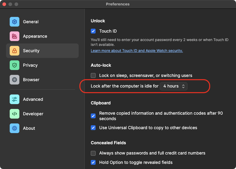 dh_Frank's tweet photo. @1Password can we get a "Never" or "After restart" in the pull-down for Auto-lock? I think we had that in 1P7? Thanks. https://t.co/ixifF2mtCd