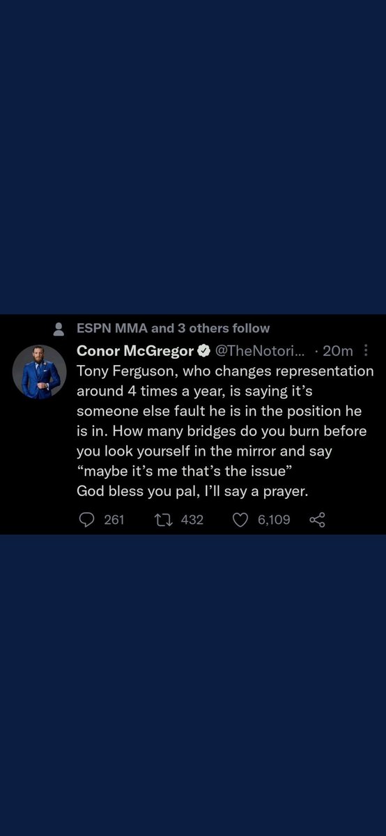 TonyFergusonXT's tweet photo. Been away from Twitter for a sec. Came back to see McNuggets is always trying to talk shit about me &amp; my agents. Truth is I have had the same agent since I left Paradigm. Only agency change was the 1 that didn’t live up to their Fiduciary Duties. No excuses Just facts- Champ 🥇 https://t.co/UVPuIexNhj
