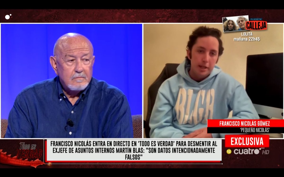 Francisco Nicolás Gómez, conocido como "El Pequeño Nicolás", ha sido aludido varias veces por nuestro entrevistado y ha decidido entrar al programa en directo.
#TodoEsVerdad49