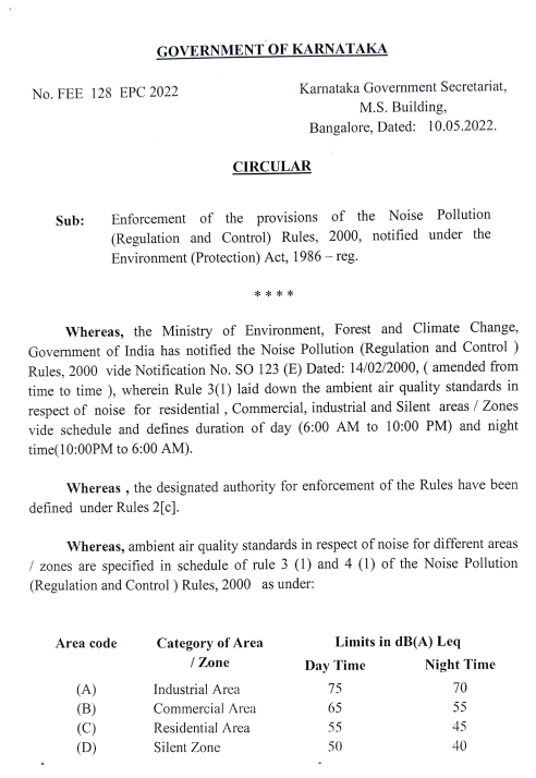 ANI's tweet photo. Karnataka government issued a circular yesterday, May 10 and asked "All existing users of loud speakers/ public address system &amp; sound producing instruments to obtain written permission from the Designated Authority within 15 days". https://t.co/czgYStBUVe