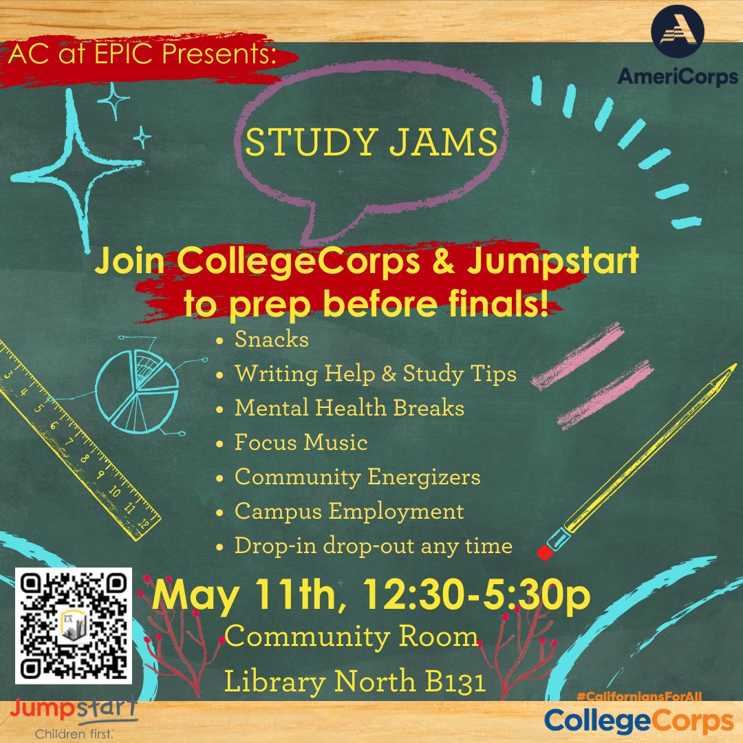 CalStateLAServe's tweet image. Hello Eagles!
Join us and get set before finals -- EPIC will be providing snacks, study tips, energizers and more this Wednesday May 11th between 12:30 and 5:30pm, in the Community Room at Library North B131. Drop in or out at any time!