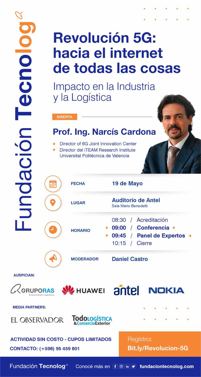 La Universidad Politécnica de Valencia es pionera en la aplicación de tecnología 5G En España y Europa. Quién lidera esta movida es el Ing Narcís Cardona. Fundación Tecnolog lo trae a Uruguay. Inmejorable oportunidad para sumergirnos en el mundo tecnológico que se viene!