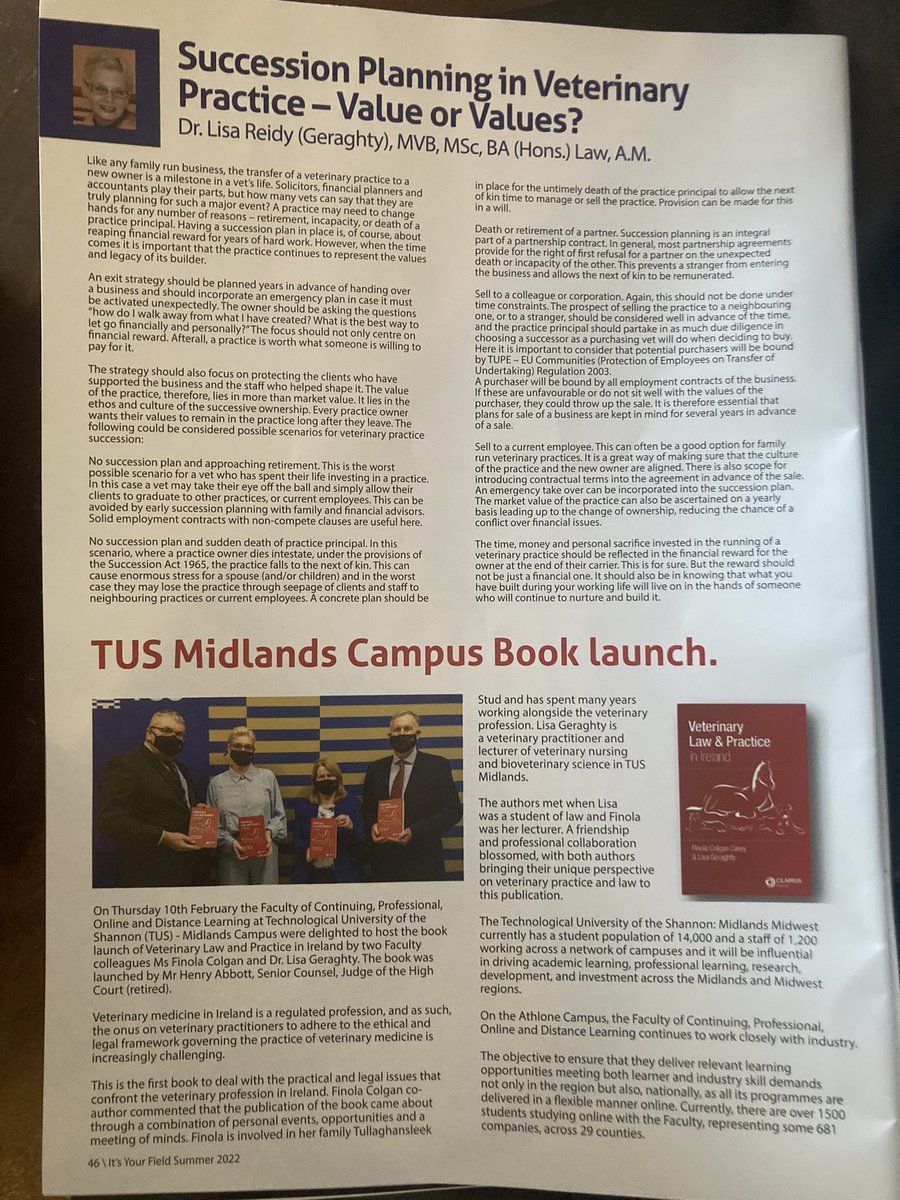 Delighted to see our new publication, Veterinary Law and Practice in Ireland, mentioned in It’s Your Field magazine today. Thanks Michael and team for the feature <a href="/FinolaColgan/">Finola Colgan</a> <a href="/TUS_LibraryMD/">TUS Library: Midlands</a> <a href="/ClarusPress/">Clarus Press</a>  #veterinarymedicine #law