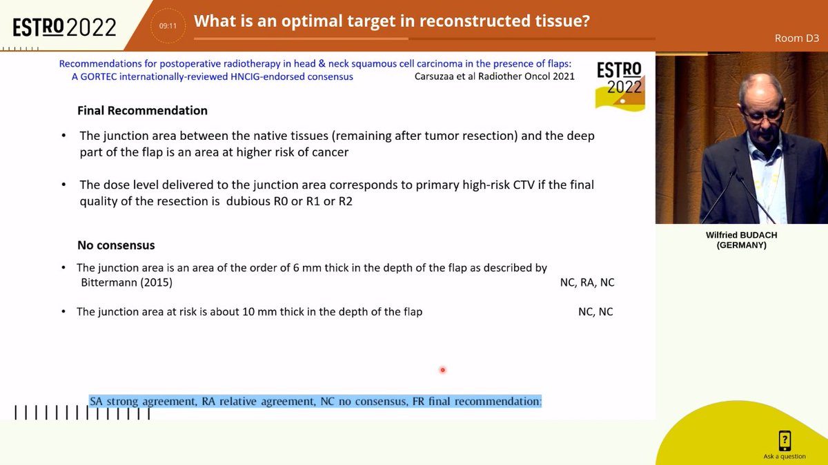 AiroHead_Neck's tweet photo. Back from #ESTRO2022. Dr. Budach about CTV in PORT with flap. Lack of data: patterns of recurrence, depth of infiltration and interval between Sx and PORT, flap types and probability of cancer infiltration. 3-6 mm of the flap should be included if Rclose https://t.co/Eztrgdlz3d