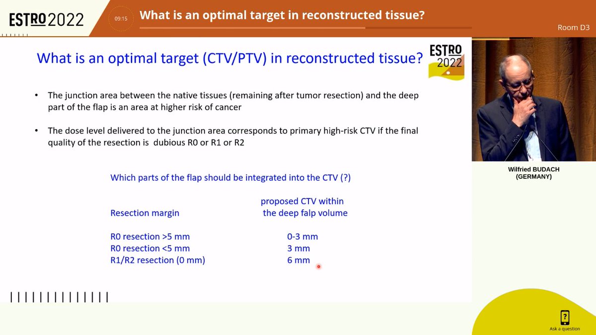 AiroHead_Neck's tweet photo. Back from #ESTRO2022. Dr. Budach about CTV in PORT with flap. Lack of data: patterns of recurrence, depth of infiltration and interval between Sx and PORT, flap types and probability of cancer infiltration. 3-6 mm of the flap should be included if Rclose https://t.co/Eztrgdlz3d
