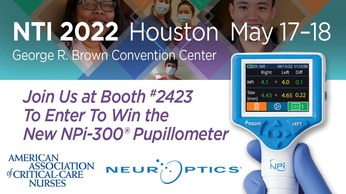 NeurOpticsInc's tweet photo. The 2022 AACN National Teaching Institute (#NTI) &amp; Critical Care Exposition is just ONE WEEK away in Houston, TX. Please join #NeurOptics at Booth #2423 to enter to win an NPi-300 Pupillometer and learn more about the role of #NPi in critical care!
#NTI2022 #criticalcare @AACNme https://t.co/bXEYzz993O