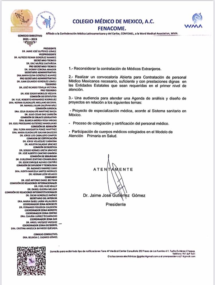 Pronunciamiento ante el acuerdo de contratación a 500 médicos cubanos.
Del Colegio Médico de México (Federación Nacional de Colegios de la Profesión Médica)
Estimado señor presidente de México <a href="/lopezobrador_/">Andrés Manuel</a>  <a href="/SSalud_mx/">SALUD México</a> <a href="/ColegioQ/">Colegio Medico QRoo</a> <a href="/ColMedFamQRoo/">Medicos Familiares</a> <a href="/cmiqroo1/">Colegio de Medicina</a> <a href="/ColMedFamQRoo/">Medicos Familiares</a> <a href="/Tu_IMSS/">IMSS </a>