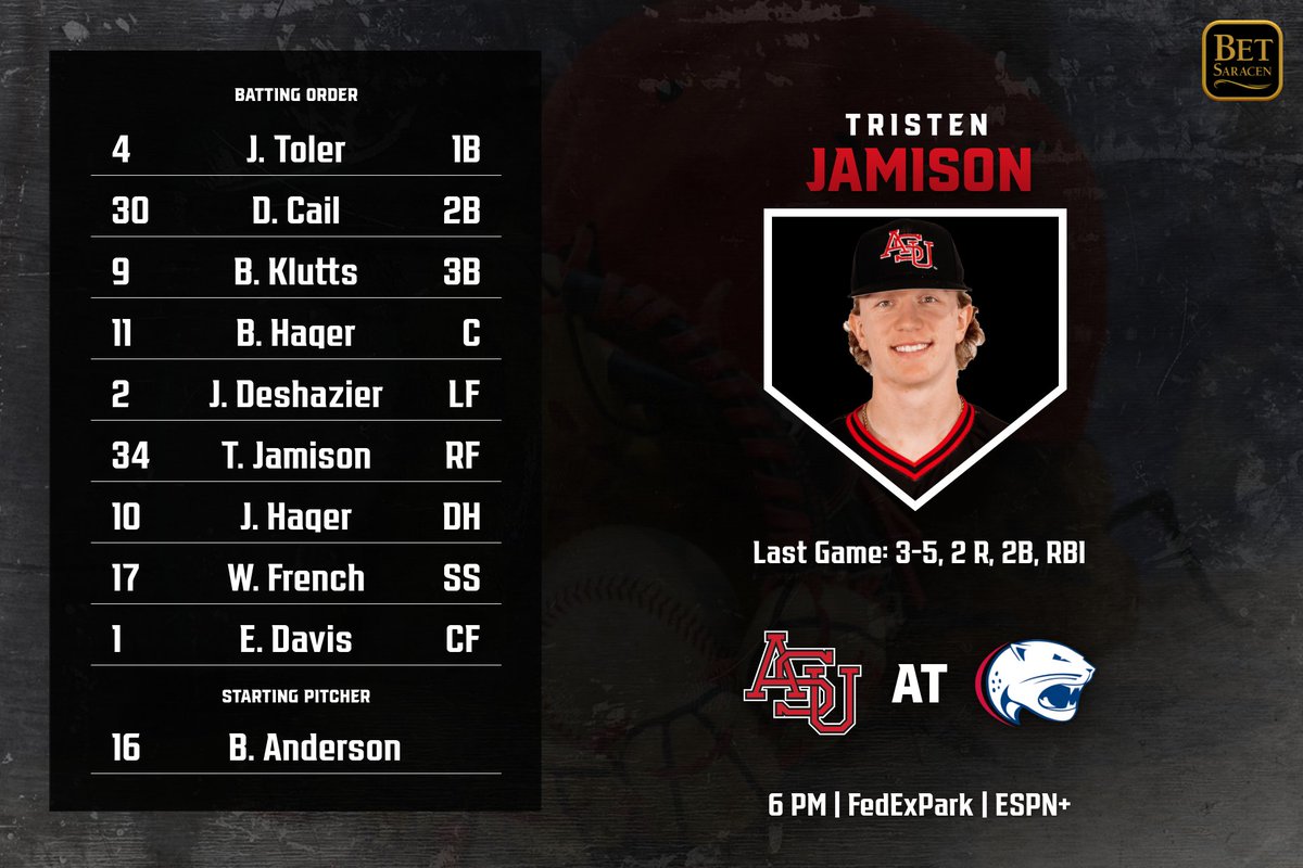 AStateBaseball's tweet photo. Tonight's lineup across the river. First pitch on ESPN+ in about 15 minutes!

📺 https://t.co/pDGLXJ6YrV
📊 https://t.co/QcDGrw6Qos
📻 https://t.co/bCPB8S8dYw https://t.co/ITtOwW9fwl