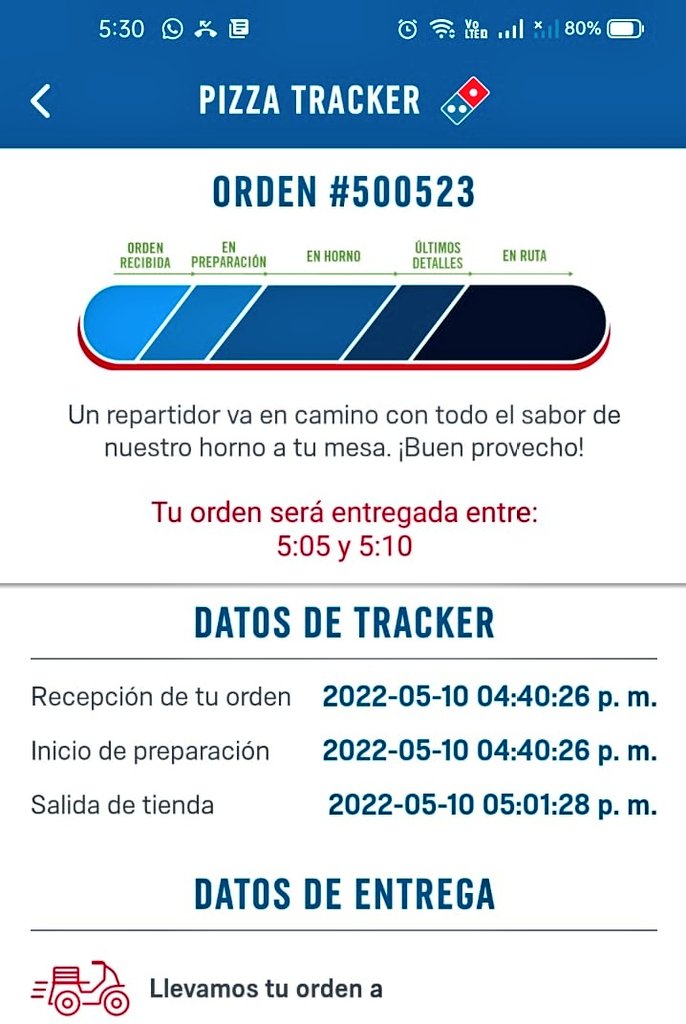TheRocklopez's tweet photo. @dominosmx Para que mi pizza llegue 20 min tarde y aun peor no respeten la política de los 30 min. Screenshot ala llegada del repartidor. https://t.co/9q8TVcus1Y