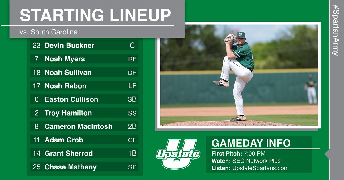 UpstateBSB's tweet photo. Today's starting lineup vs. South Carolina ⚔️

📺: https://t.co/c5cv9EEK0Z
🎙️: https://t.co/3t9mCjANpK

#SpartanArmy ⚔️ #JoinUP https://t.co/lBATRiGuHm