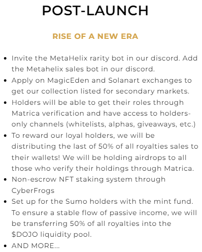 SolanaSumoSC's tweet photo. Roadmap: Post-Launch

Official link: https://t.co/IgJ1XvARpp 

#Solana #SolanaNFT #NFT #NFTCommunity #NFT #NFTdrop #NFTProject https://t.co/HzQL93izuu
