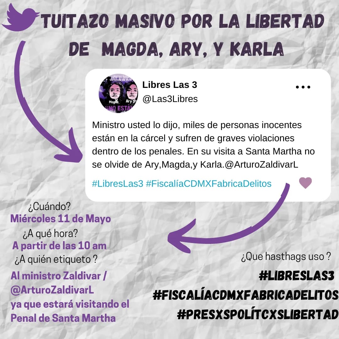 ObeliaPreta's tweet photo. ‼️Tuitazo Masivo‼️

Este miércoles 11 de abril, el ministro Arturo Zaldívar visitará el Penal de Santa Martha AYÚDANOS A HACER RUIDO Y EXIGIR QUE MAGDA, KARLA Y ARY sean liberadas.

#LibresLas3
#PresxsPolíticxsLibertad https://t.co/aLTJJ1BrC1