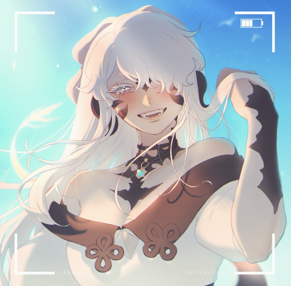 1girl solo au ra horns long hair white hair looking at viewer  illustration images