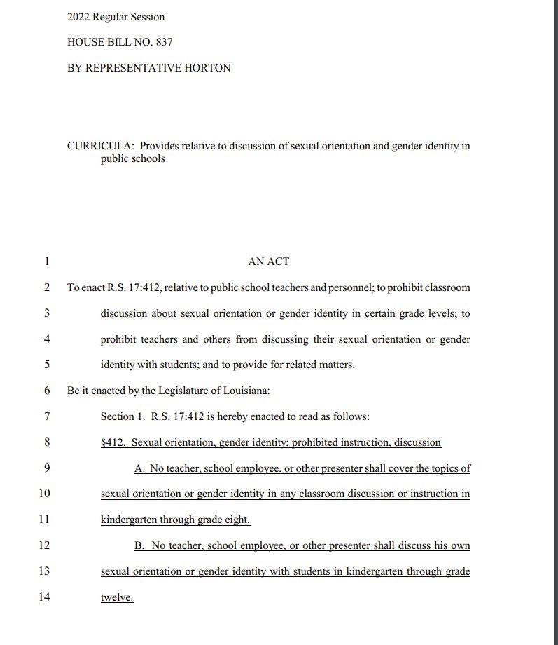 ErinInTheMorn's tweet photo. Louisiana introduces HB837, the worst "Don't say gay or trans" bill yet.

It bans anyone, teacher or student, from presenting to the class anything related to sexual orientation or gender identity through grade 8, and their own orientation/gender identity to grade 12 (!!!) https://t.co/PrH5JdOUvm