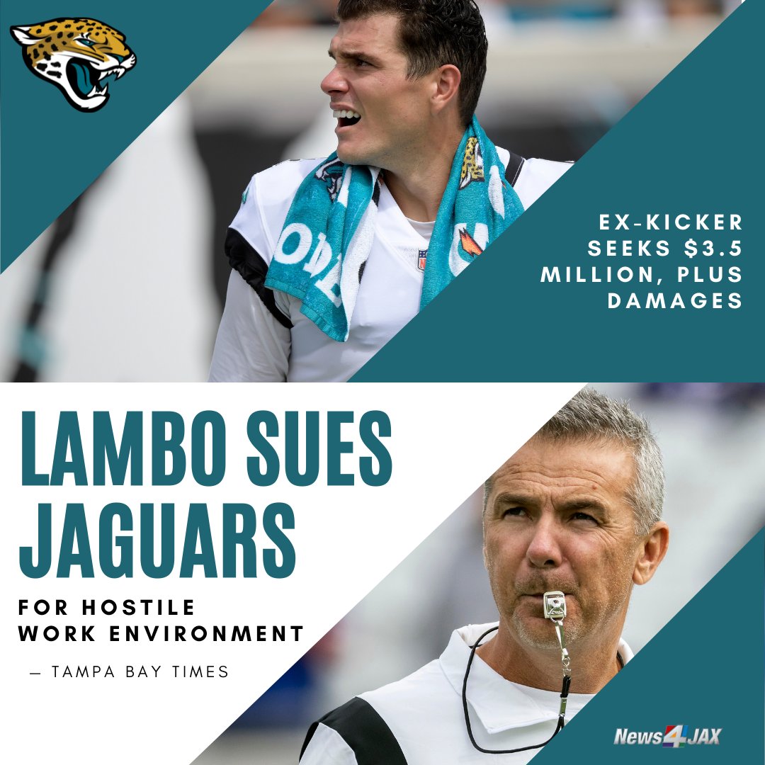 wjxt4's tweet photo. According to the report, Josh Lambo is seeking his $3.5 million salary and damages. His lawsuit claims that Urban Meyer and the Jaguars created a hostile work environment. https://t.co/vuJ6ayVCjN https://t.co/tobGFhvODG