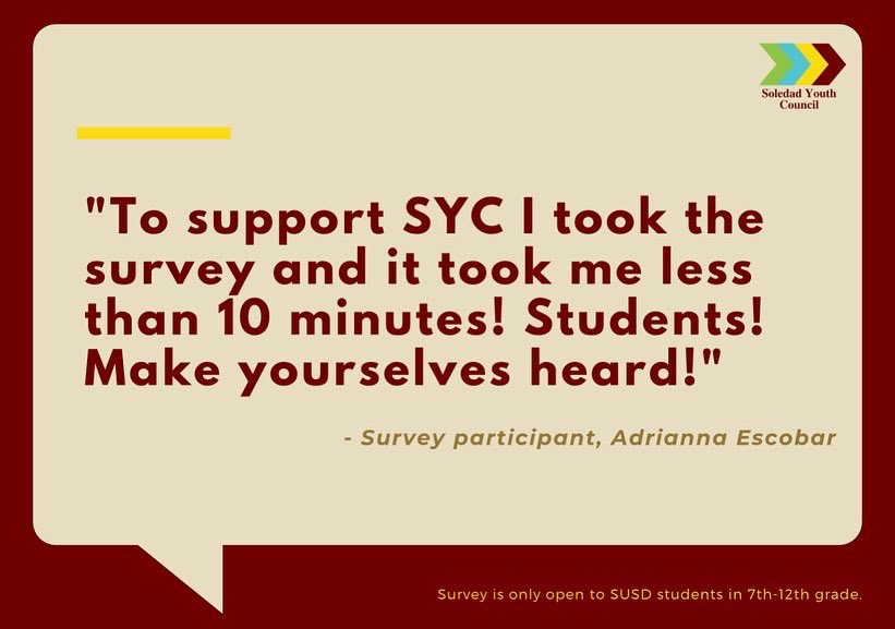 ✨SUSD secondary students✨! SYC needs your input and feedback to support our Public Safety Initiative! We appreciate all who complete and promote our survey!