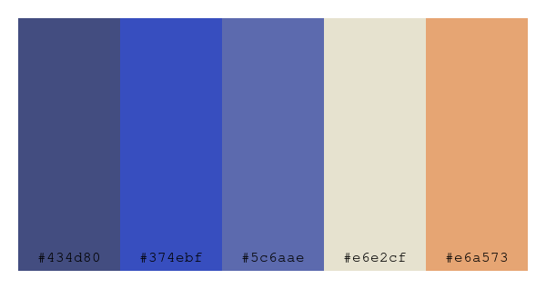 ColPaletteBot's tweet photo. Beep beep, here's a pretty color palette for you!
color-scheme.js parameters used:
- hue: 246
- variation: pastel
- colors: #434d80, #374ebf, #5c6aae, #e6e2cf, #e6a573
Have a lovely evening!
#twitterbot #colorpalette #colors #palette #prettycolors https://t.co/qG3N1ij6NL