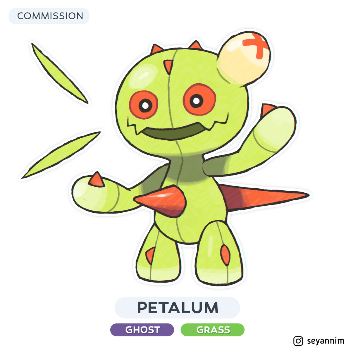 Seyanni's tweet photo. Petalum, The Grass Doll Pokemon. [Commission]
Ghost/Grass.
A playful ghost Pokemon that loves to play with humans.
> Commissioned by :
https://t.co/YN6lhxqyib
> Check my IG :
https://t.co/QvAaUuX6cb
#fakemon #pokemon https://t.co/Xeq5XBAp0A