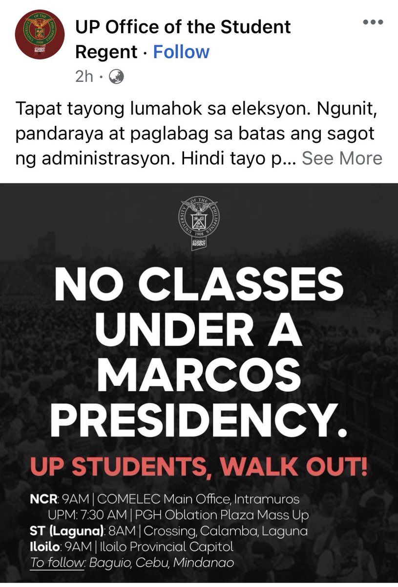 pinoyanghang's tweet photo. From one UP Diliman alum to some enrolled UP students:

"Natalo lang manok ninyo, may bintang ng dayaan agad? Huwag kayong mag-WALK OUT, sayang kasi ang resources ng gobyerno na galing sa TAXES ng taumbayan. Mas mabuti, mag-DROP OUT na lang kayo, yun eh kung meron kayong BAYAG." https://t.co/u7r84DLOXj