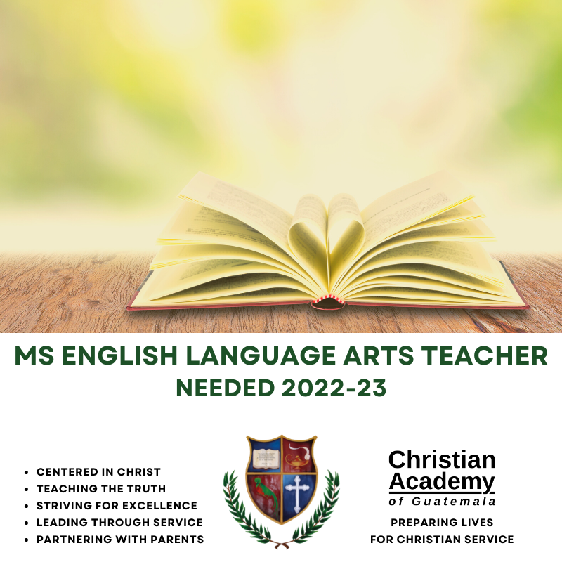 ChristAcadGuate's tweet photo. Teach MS ELA in Guatemala! - Fluent English speaker - Personal relationship with Jesus - 4-year degree - Agree with our Statement of Faith - Called by God to teach in a developing nation setting / Send your resume to: CAGrecruit@christacadguate.org #teachers #education https://t.co/qjg6eh1oGE