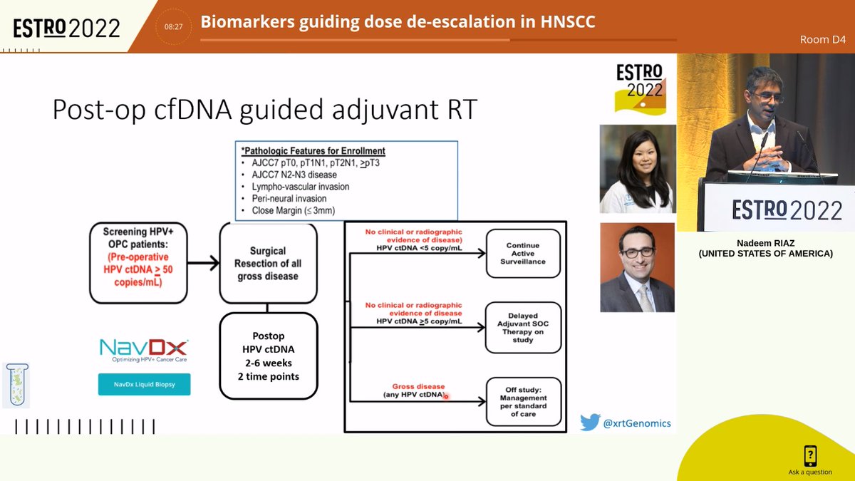 AiroHead_Neck's tweet photo. It's hard to summarize the brilliant lecture from Dr. Riaz. Intra-treatment imaging, cfDNA, pre-therapy anti-tumor immunity and viral agents could lead the way to de-escalation in HNSCC. Total dose of 30 Gy + cisplatin sounds very interesting. Back from #ESTRO2022 https://t.co/j6H7LywgFK