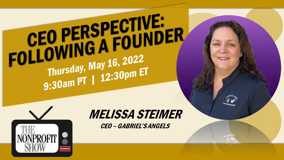 GabrielsAngels's tweet photo. Our CEO, Melissa Steimer is looking forward to being a guest on the @Nonprofit_Show on Monday, May 16th at 9:30 am PT. Register at https://t.co/2uv9jiZxYk to hear about how a nonprofit CEO leads when following a founder. #PetsHelpingKids #pettherapy #nonprofit https://t.co/hrUTbfVRYd