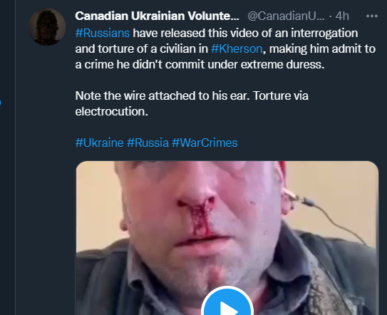 MontyBoa99's tweet photo. @CanadianUkrain1 Putin is worse than the worst Bond villain.
He is a soulless monster.
Arresting a civilian for no cause is one war crime.
Committing torture is another.
Extorting a confession under duress is another. Recording and broadcasting it is yet another.
#PutinNeedsToGo. https://t.co/BUKrlUimJv