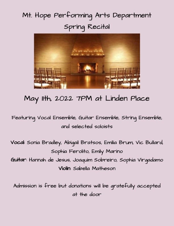 MtHopeMusic's tweet photo. Tomorrow night the Mt. Hope Performing Arts Department will hold its first classical recital in ten years! Come see our amazing musicians at Linden Place, starting at 7PM: https://t.co/UtfYxmLldG