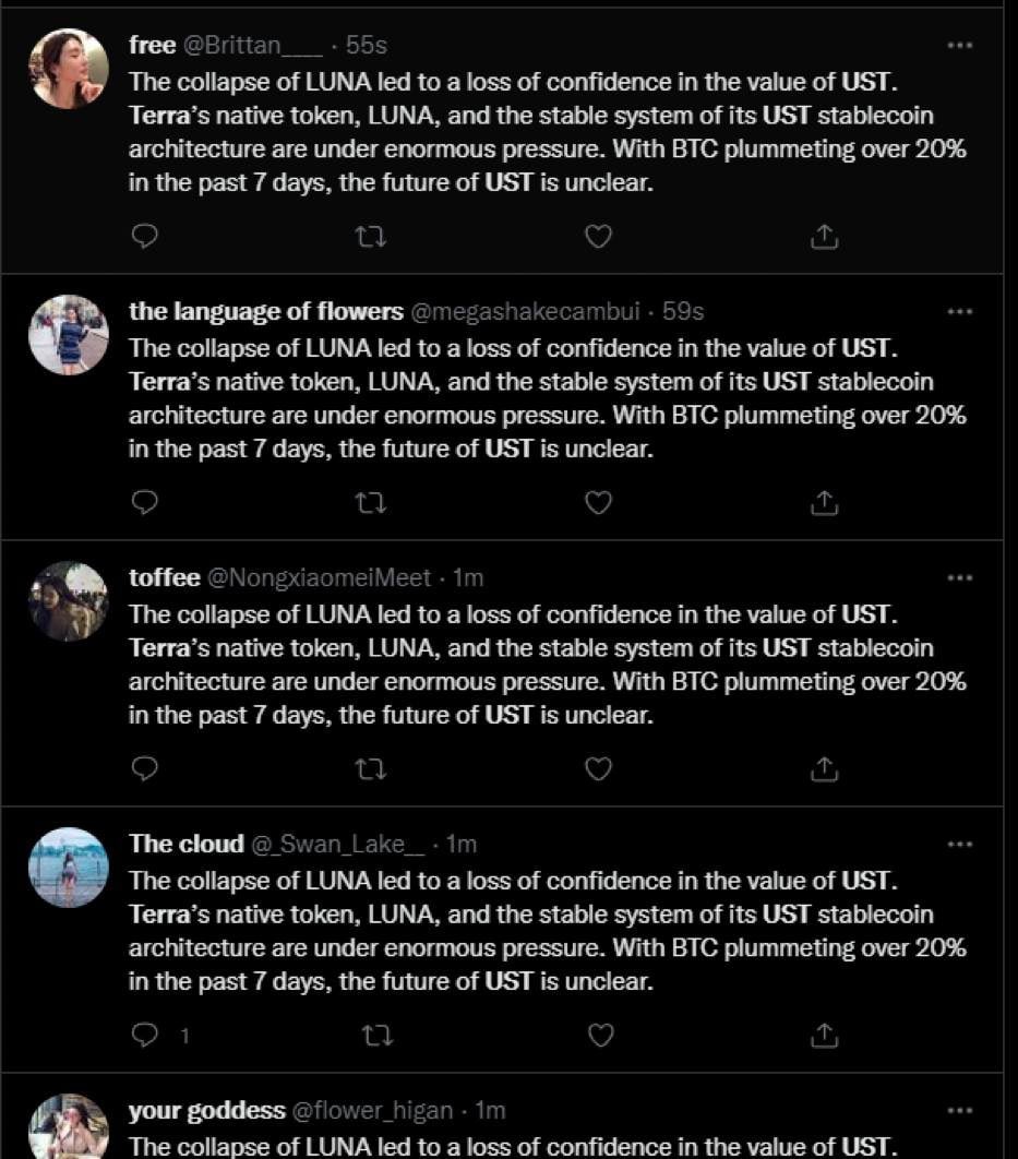 GuyPolio's tweet photo. Someone or something wants $UST and $LUNA dead

The bots are out in full force on Twitter 

@elonmusk let’s fix this! https://t.co/oCkR95vR5M