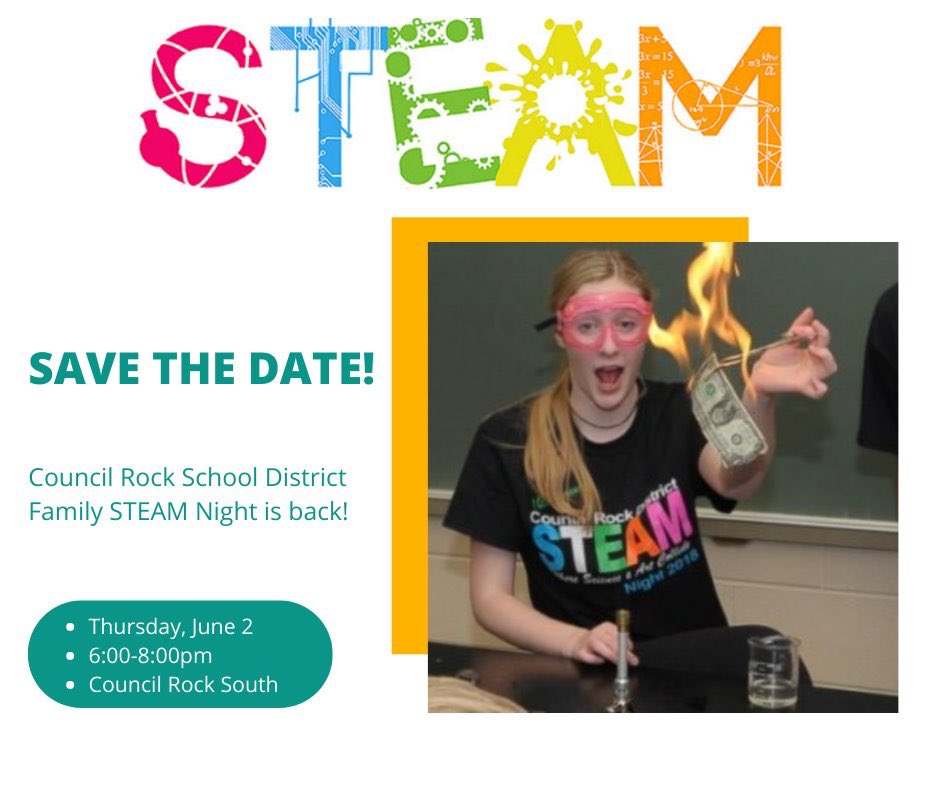 DevlinRenee's tweet photo. Elementary students &amp; their families are invited to attend District STEAM Night on June 2, 6-8PM at CR South. Thank you @_CREF for sponsoring this annual event @SkelliottSusan @CouncilRockSD https://t.co/w3BI65jLCo