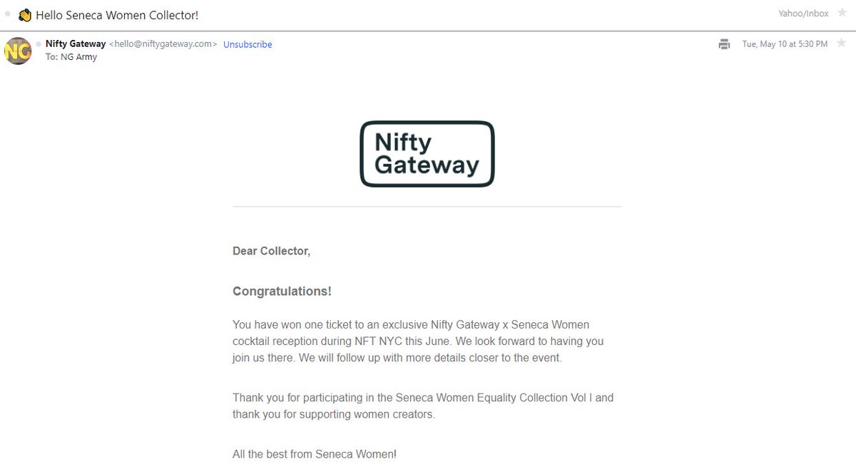 Awesome🚀

Very Excited to have Won the Exclusive Cocktail Reception with @SenecaWomen x @niftygateway during  
@NFT_NYC🎉🥳

Thank You Very Much <> This Made My Night/Week 🙏🙏❤️🙏🙏

#NFTNYC2022 #NFTNYC #NFT #NFTs #nftart #NFTCommunity #digitalart #cryptoart #nftcollectors #art