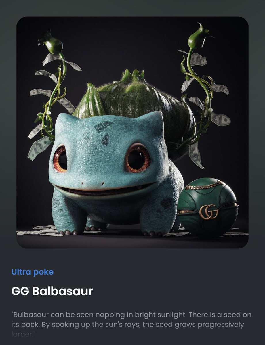 UltraPoke1's tweet photo. ♦️SOLD!♦️

🟡#Gucci #balbasaur on OpenSea.

〽️0.005ETH 💰
〽️No Gas Fees ❌
〽️Polygon 🧬

#nft #nfts #OpenSeaNFT #opensea #sold #soldnft #nftsold #NFTGiveaway #NFTCollection #NFTCommunity #nftcollector #pokemon #pokemonnft #nftpokemon #PokemonGO #PokemonGoRaids #PokemonGOfriends https://t.co/tZhWySDCZC