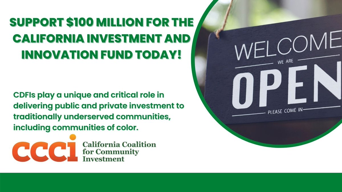 CACDFI's tweet photo. California needs critical investments to ensure an equitable economic recovery! Thatโs why we are supporting $100M for the CA Investment & Innovation Fund! #CaCDFIFund #cabudget @GavinNewsom @SenToniAtkins @Rendon63rd @NancySkinnerCA @AsmPhilTing
https://t.co/RU9bG7bcrD https://t.co/TcSZPbfFs7