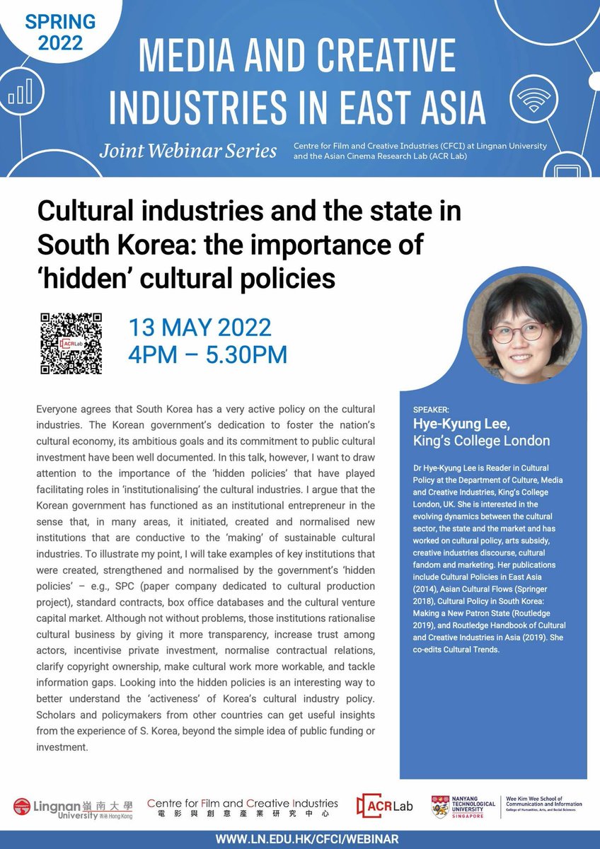 May 13, 4pm Singapore
Dr. #LeeHyekyung's work is fabulous. Recommend this talk. 
#cultureindustries #Korea #culturalpolicy #softpower 
Register: ntu-sg.zoom.us/meeting/regist…