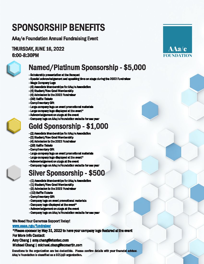 AAaeFoundation's tweet photo. Sponsorships Available for the Annual AAa/e Foundation Fundraiser.  All proceeds fund scholarships for the #AEC future workforce. Don't miss out!
https://t.co/m66Uj4l2m1 https://t.co/C8Yvm0qVxo
