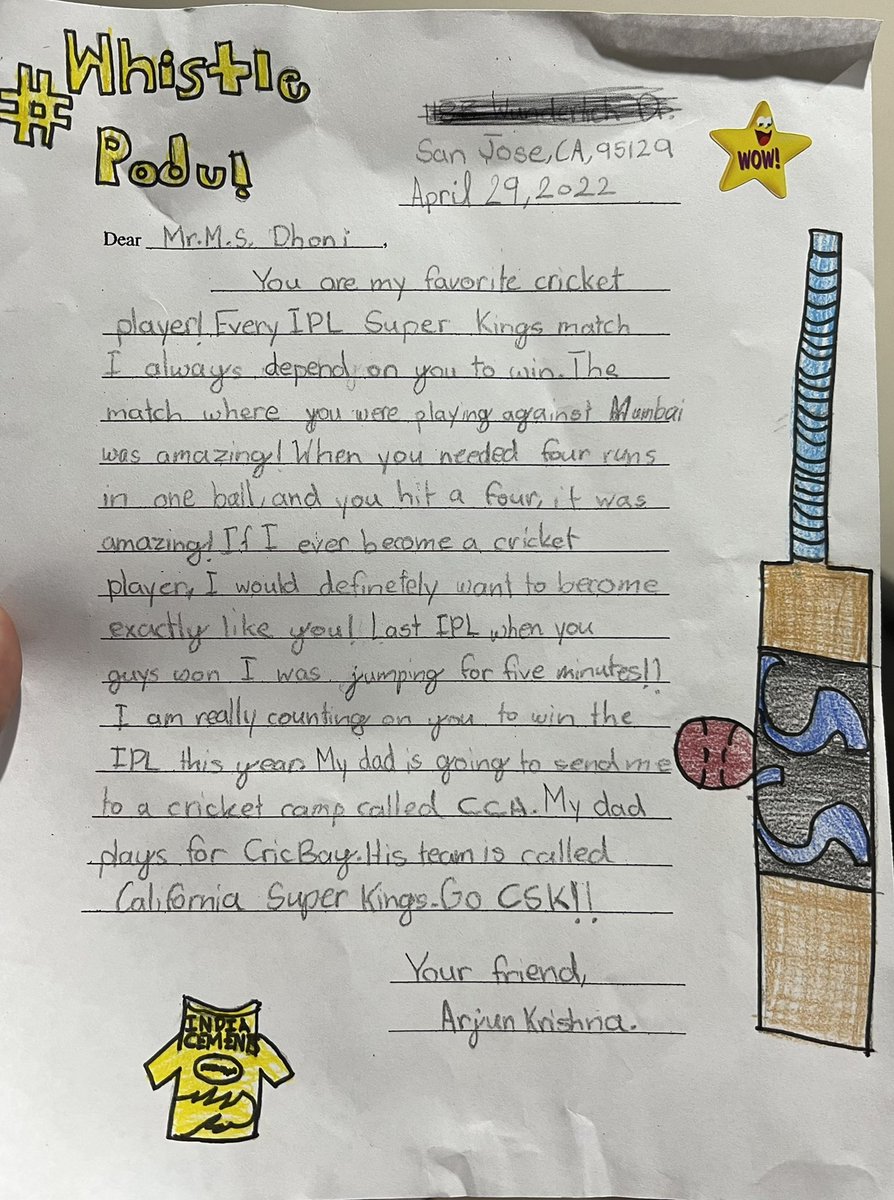 sindhu1184's tweet photo. A letter to Thala from a true 9 year old fanatic! #thala #Dhoni #srinimama #csk #cskforever #cskfansneverlosehope #MSDhoni𓃵 #ipl #IPL2022  @msdhoni @SriniMaama16 @krishgiji https://t.co/iFMis3SC9b