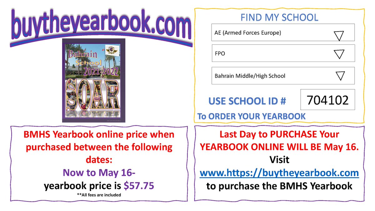 BahrainSchool's tweet photo. Last call for ordering the BMHS yearbook. Online sales will end on May 16th. 📓 https://t.co/l544e0kyTz
