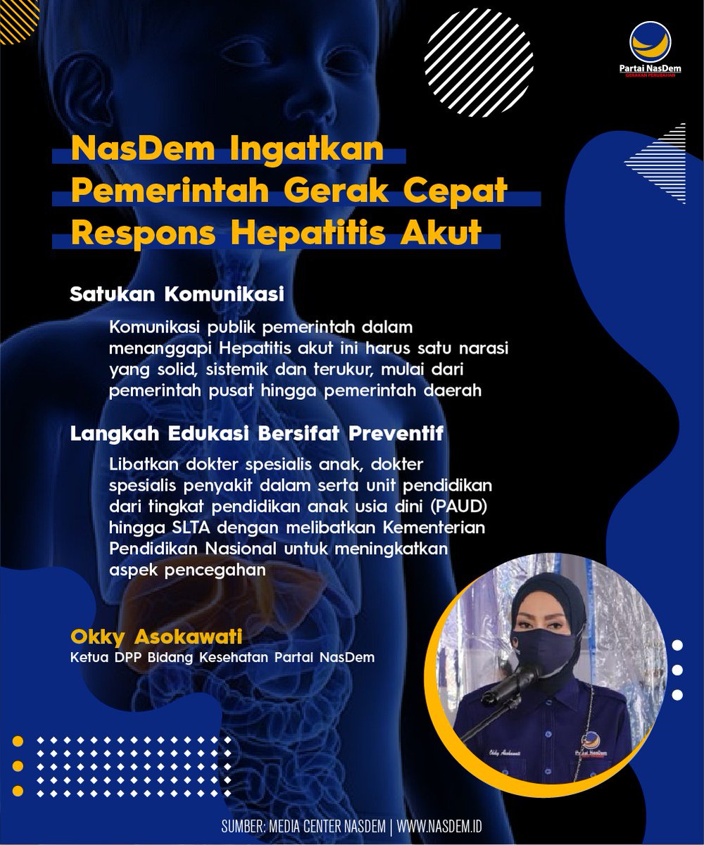 NasDem's tweet photo. Pemerintah diminta bertindak cepat dalam merespons persoalan kasus hepatitis akut yang diduga telah menyerang sejumlah anak. Respons cepat dibutuhkan untuk memberi ketenangan kepada  masyarakat dan menjadi tindakan preventif atas munculnya penyakit tersebut. https://t.co/3tCndVUBZV