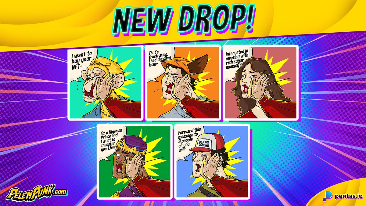 NEW DROP! 👋💥🧨

Have you ever got some shady texts and more sus tweet? Here's your chance to PELEMPUNK the heck out of those scammer!

Available on <a href="/pentas_io/">Pentas | NFT Marketplace</a>. 0.06 #BNB each
app.pentas.io/user/pelempunk

More utility and perks for our holders. LFG!
#pentas #pentasian #nftcommunity