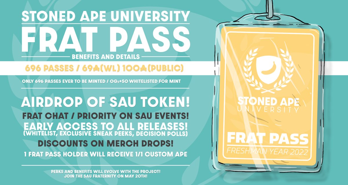 🟨FRAT PASS WHITELIST GIVEAWAY⬜️

We are giving away 50 WL Spots to mint the SAU FRAT PASS!

⬜️Follow &amp; Retweet
🟨Tag 3 Friends
⬜️Join Our Discord 👇
discord.gg/stonedapeu

Announcing Winners in 48hrs!

🍌Minting May 20th!🍌

#CNFT #CNFTGiveaways #CNFTCommunity #CNFTdrop #CNFTs