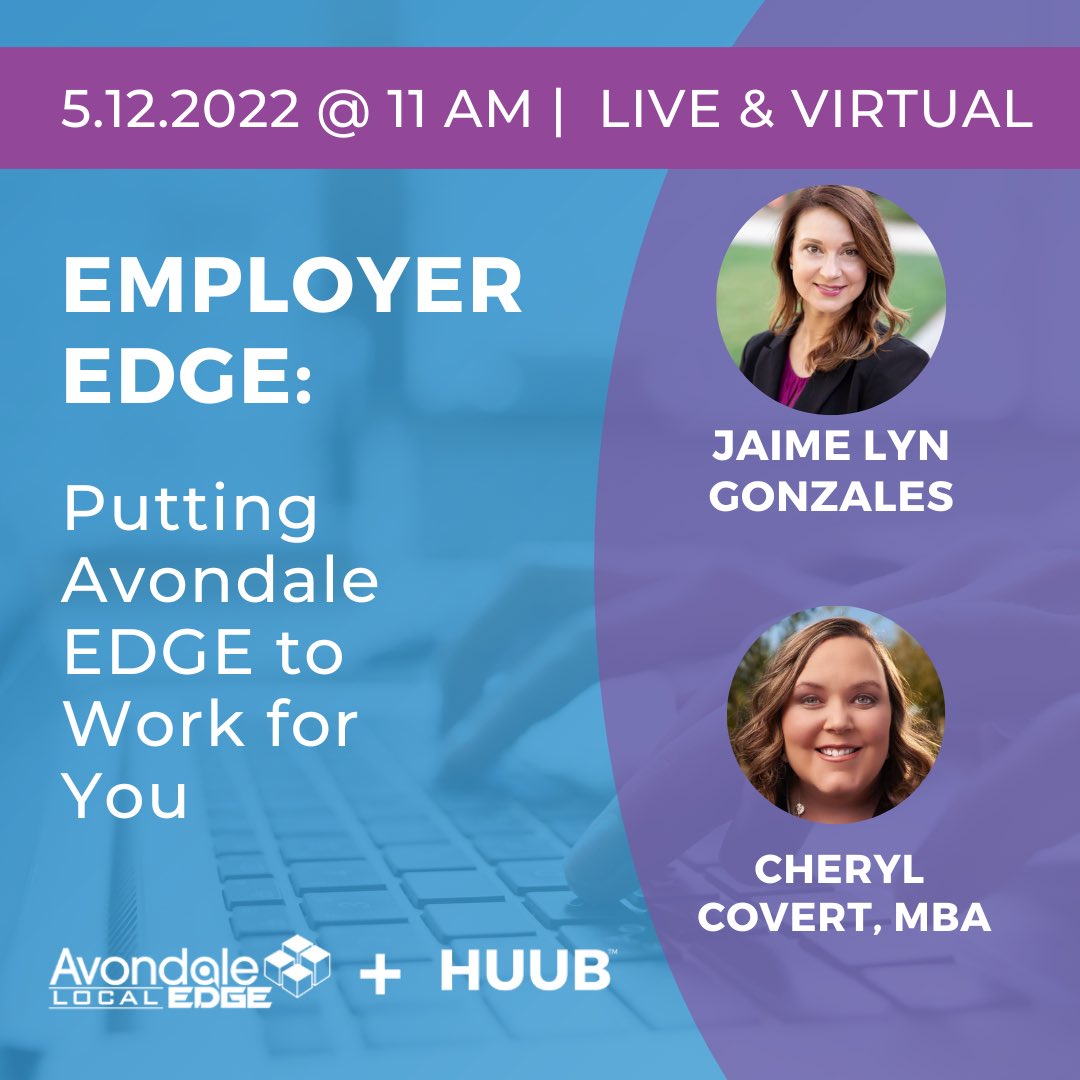 Day 2 of #EconDevWeek22

Meet your Avondale Economic Development team!

Join us this Thursday, May 12th at 11am for our <a href="/joinhuub/">joinhuub</a> webinar, “Business EDGE: Putting Avondale EDGE to Work for You” and learn about all the resources available to you! 

🔗 us02web.zoom.us/webinar/regist…