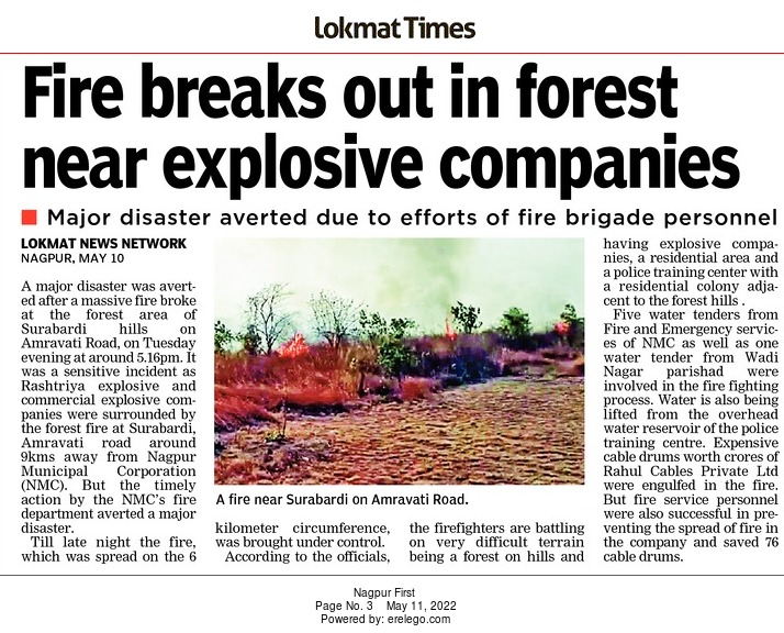 A major disaster was averted after a #MassiveFire broke out at the forest area at Suraburdi on Tuesday evening. The fire was very close to explosives companies as well as residential areas.
 However, timely action by NMC's fire department averted a major disaster. 
#LokmatTimes