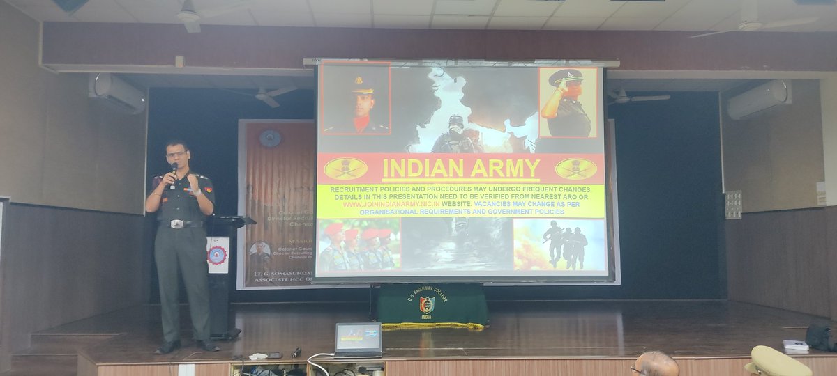 flyarul's tweet photo. Col Gaurav Sethi, Director Recruting (HQ), Chennai Zone Delivering Lecture on How to join Indian Army for NCC cadets.. Program oraganised by 1 (TN) Armd Sqdrn NCC, DDGD Vaishnav College Today https://t.co/DMIVojUXLy