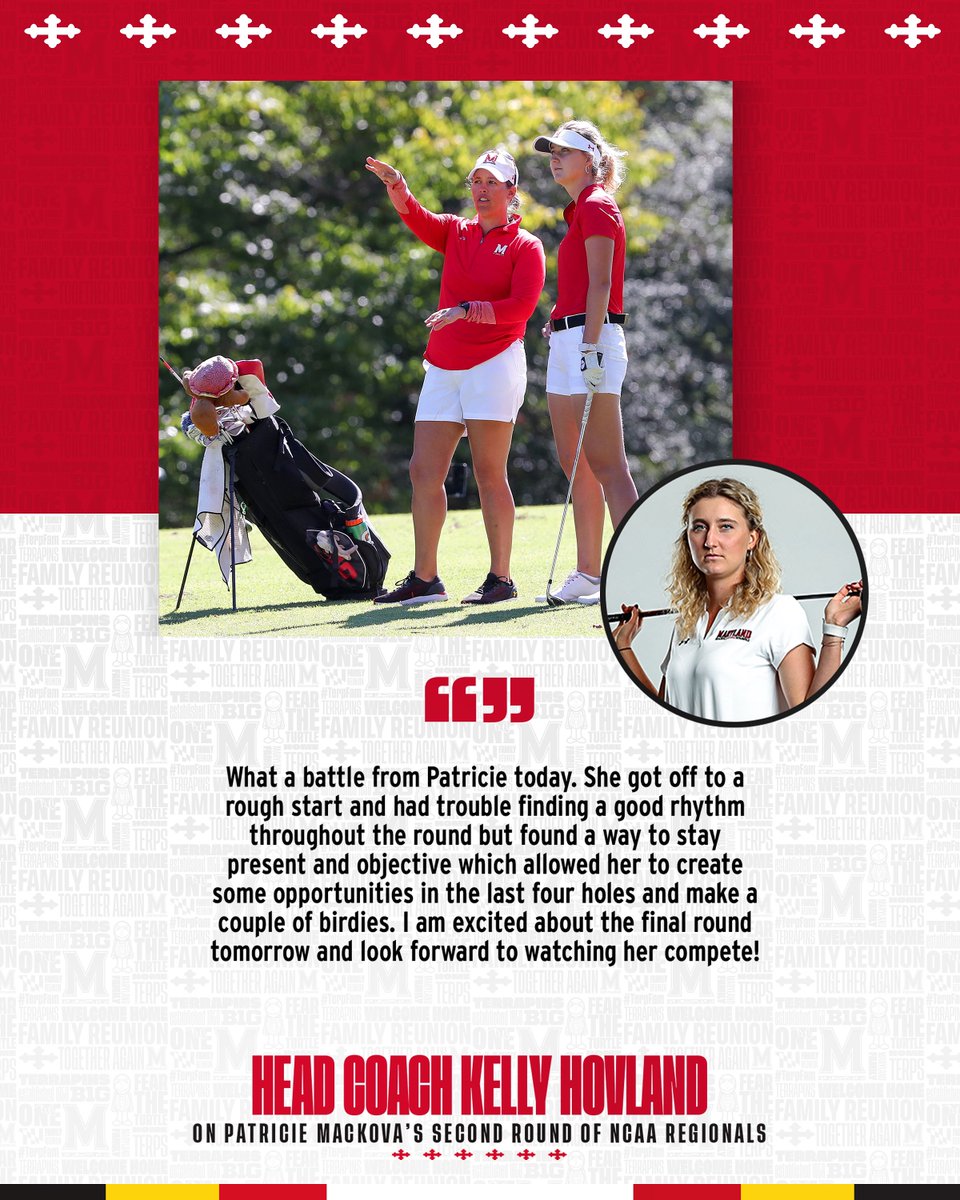 TerpsWGolf's tweet image. It's all about how you close on moving day! Day two is in the books of the NCAA Regional in Albuquerque! Check out head coach @kellyghovland’s thoughts on Mackova's second round!

She currently sits in T12, third overall in the individual standings. ⛳

#OwnTheResponse #GolfTerps